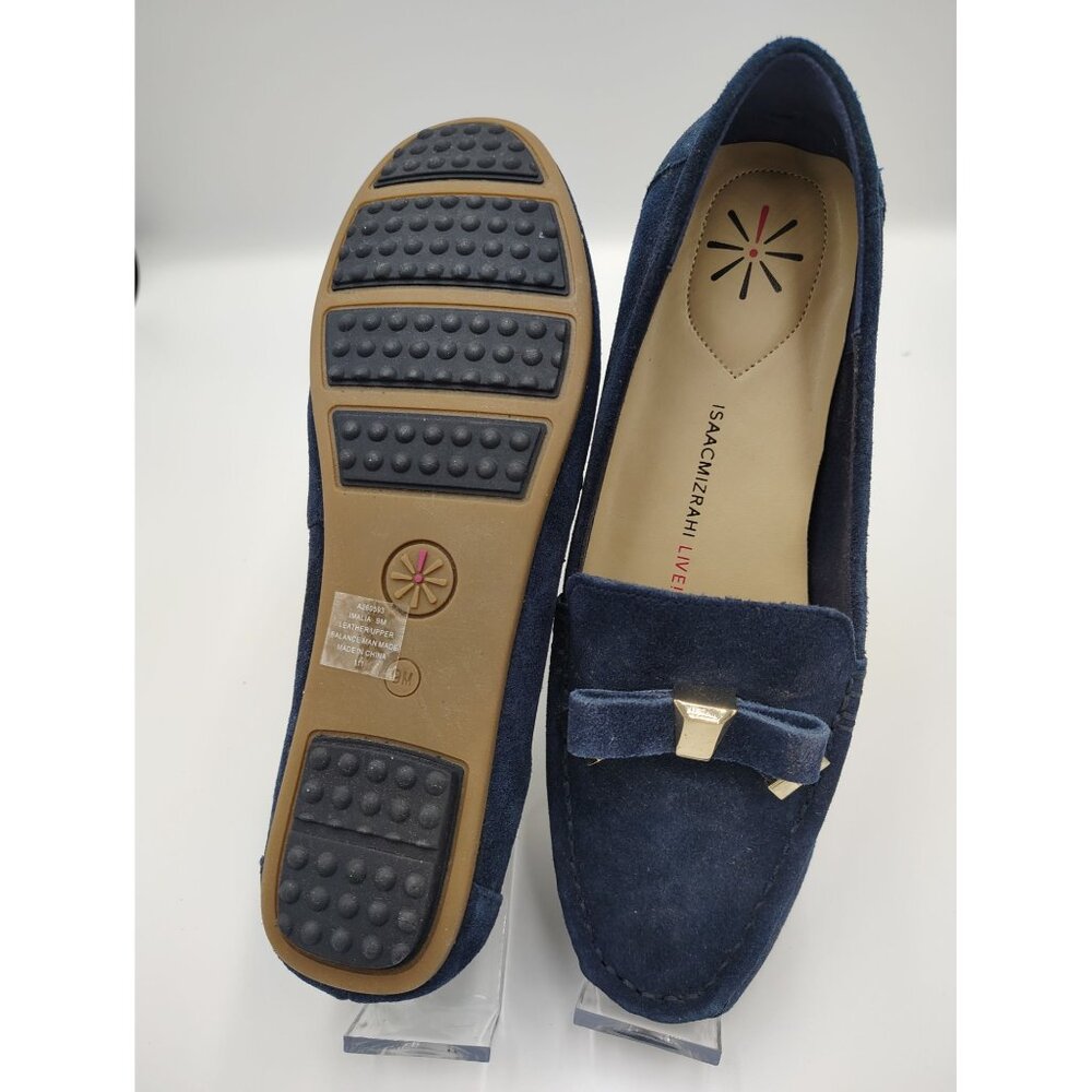 Isaac Mizrahi Live Navy Suede Loafer Flats With Gold Bow Accent Womens Size 9M - Picture 2 of 3